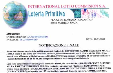 Vinti più di 600 mila euro a Villanovaforru! Attenzione:è una truffa!