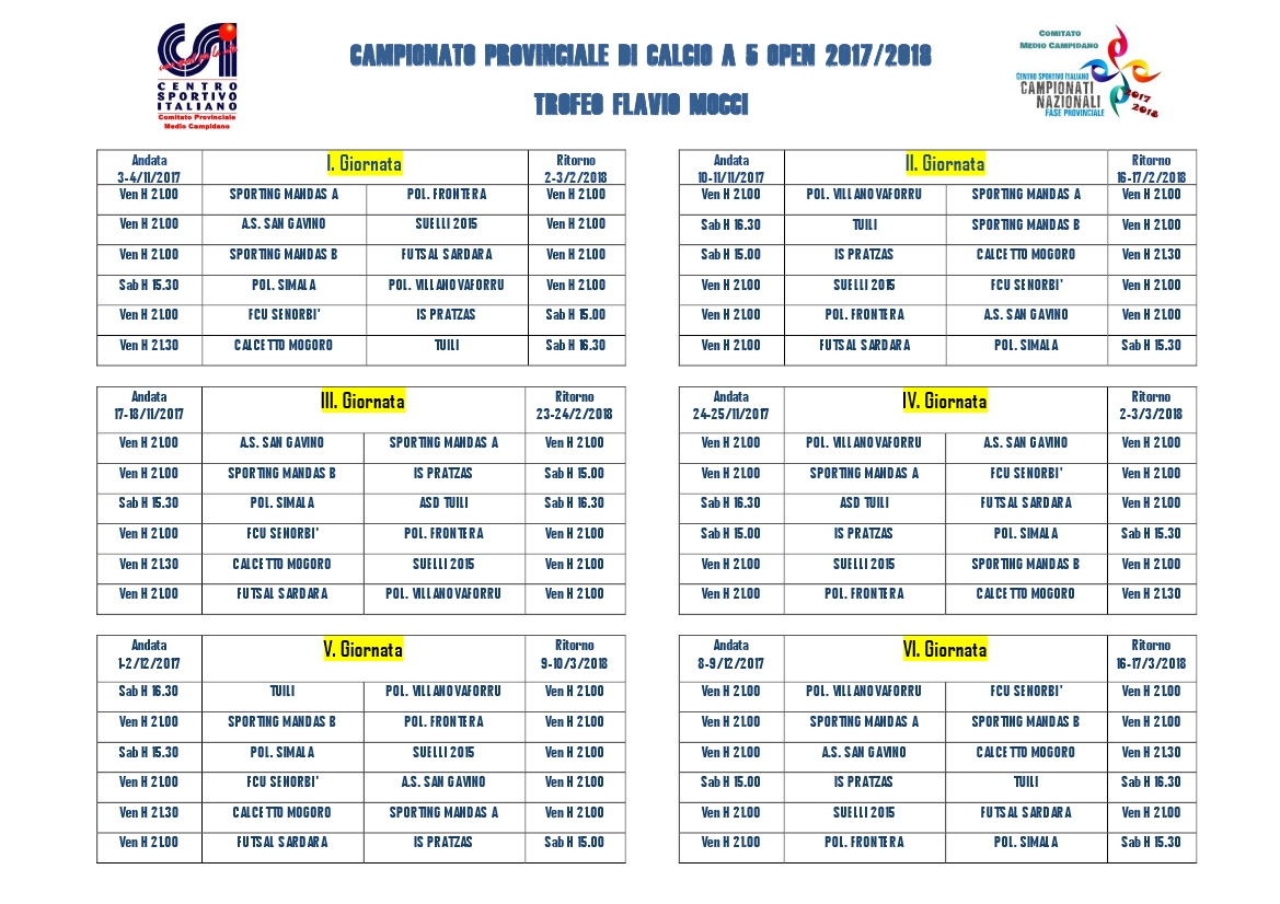 CALENDARIO 2017-2018 csi calcio a 5